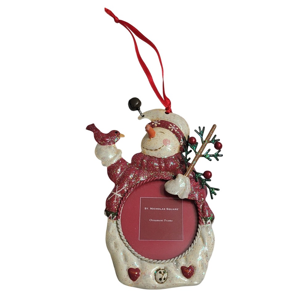 St. Nicholas Square Snowman Ornament Picture Frame Red White Glitter Metal 4"